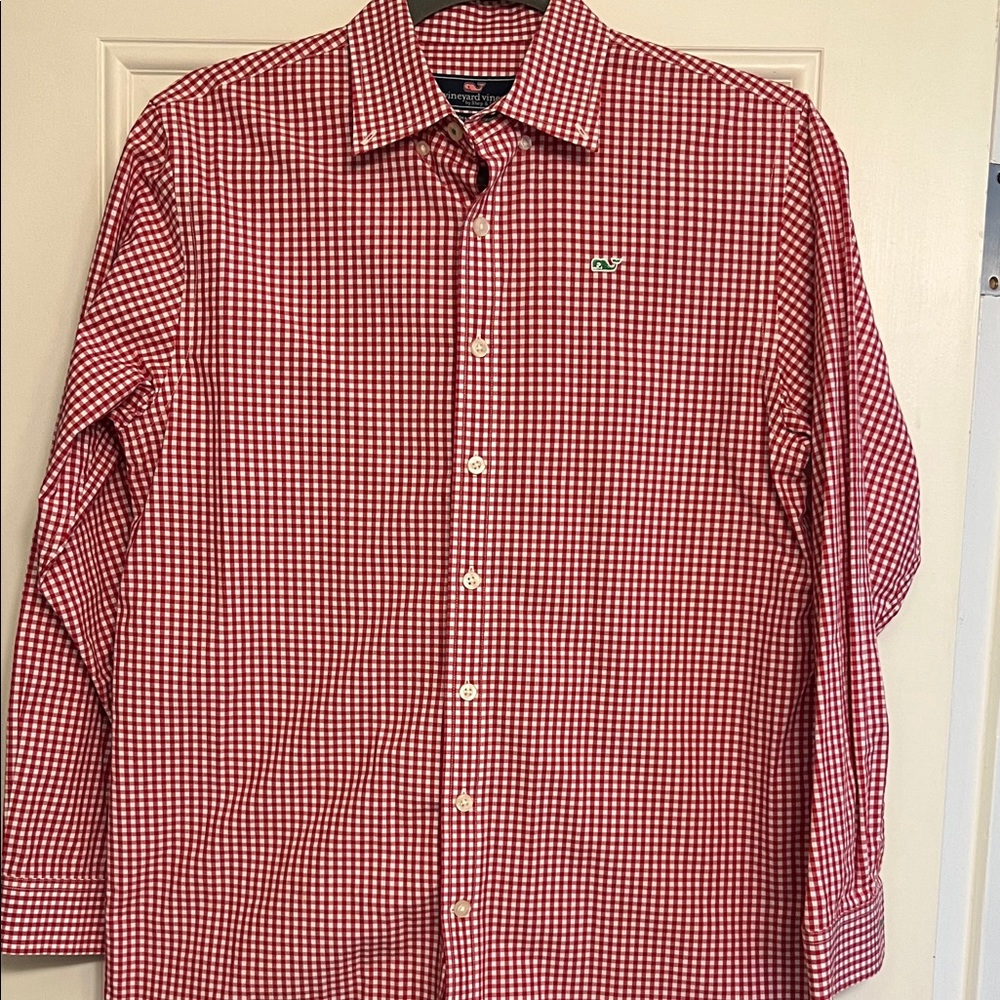 Boys Vineyard Vines Red and White Gingham Button-Down Shirt - like new!